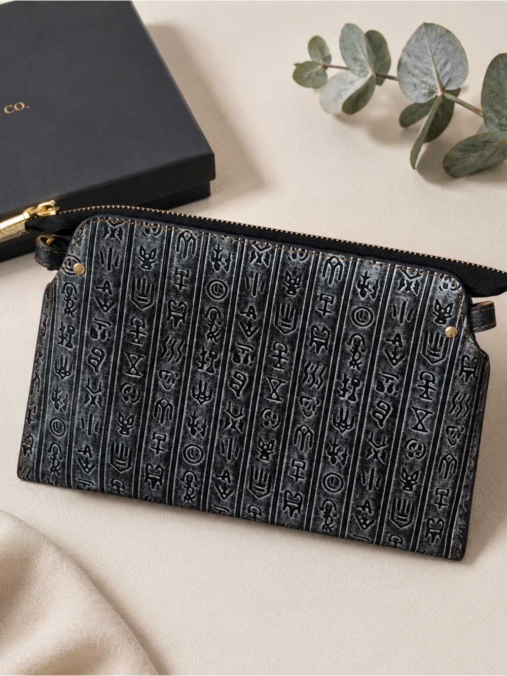 Embossed Egyptian Hieroglyphics Zip Around Wristlet Wallet Clutch Black & Gray